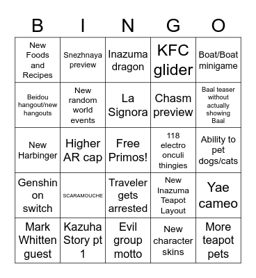 Genshin 1.7/2.0 Stream and Update Content Bingo Card