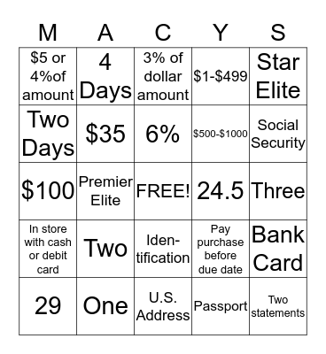 Star Rewards Bingo Card