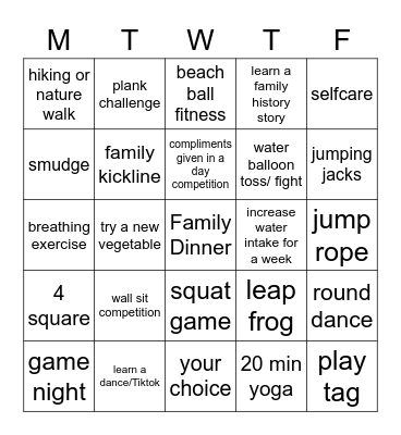 Family Fun Week BINGO 12+ Bingo Card