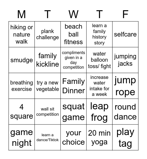 Family Fun Week BINGO 12+ Bingo Card