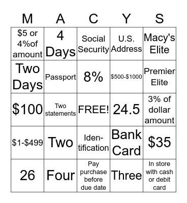 Star Rewards Bingo Card