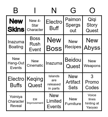 Genshin 1.6 Livestream Bingo Card
