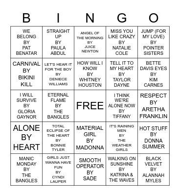 LADIES OF THE 80S Bingo Card