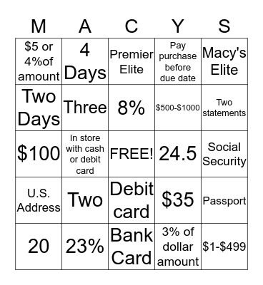 Star Rewards Bingo Card