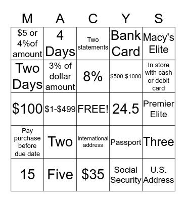 Star Rewards Bingo Card