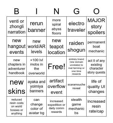 GENSHIN 1.7/2.0 LIVESTREAM Bingo Card