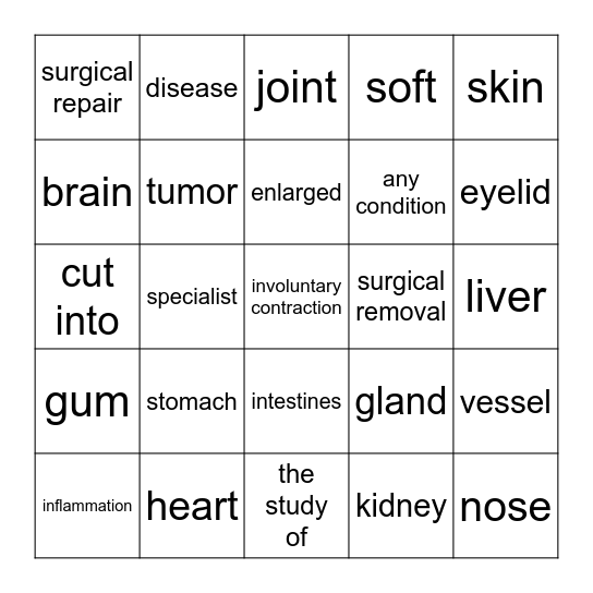 Lesson 1 Medical Terminology Bingo Card