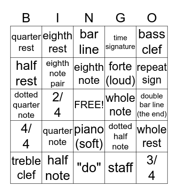 Music Notation Bingo Card