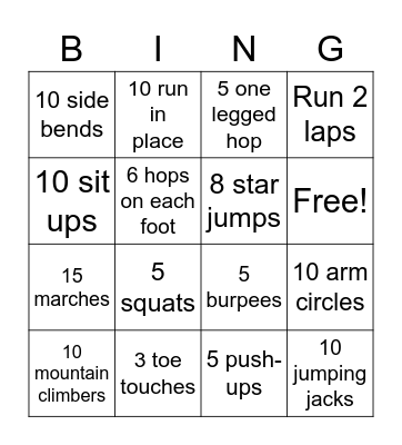 Fitness Bingo Card