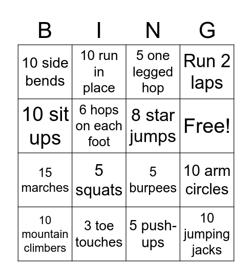 Fitness Bingo Card
