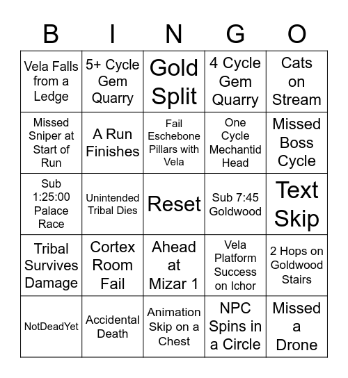 Caneras Stream Bingo Card