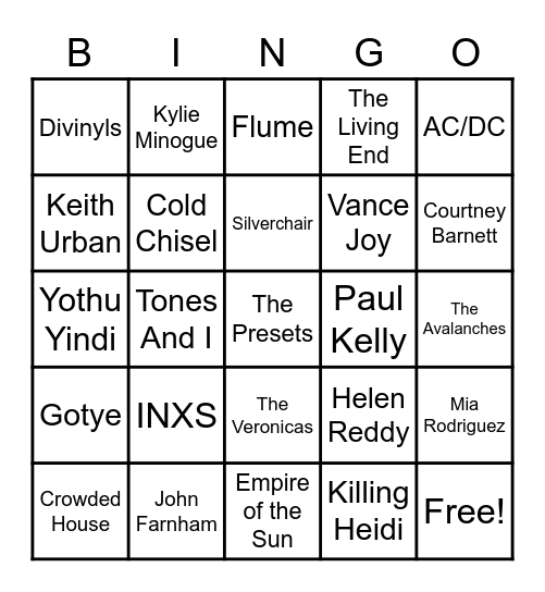 FF Strayan Choons Bingo Card