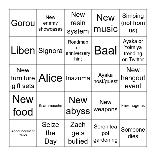 2.0 Livestream Bingo Card