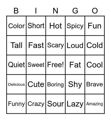 Adjectives Bingo Card