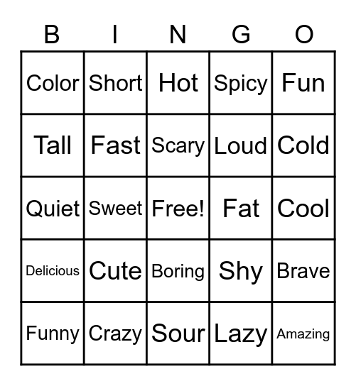 Adjectives Bingo Card
