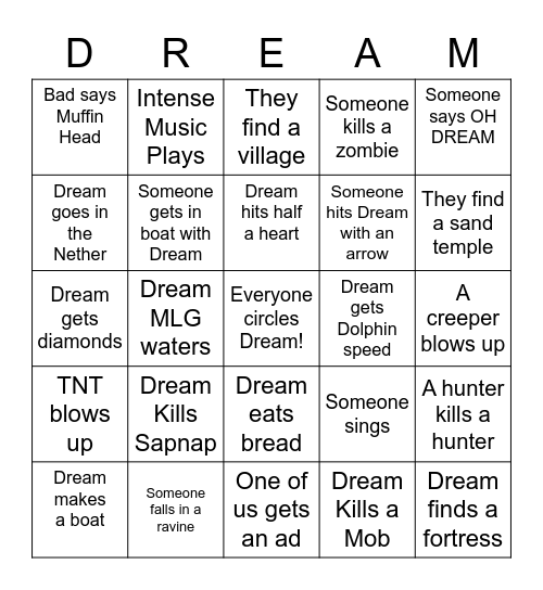Dream Manhunt Bingo Card