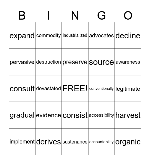 Unit 6 Bingo Words Bingo Card
