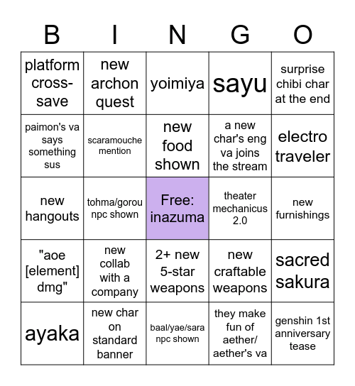 genshin 2.0 stream Bingo Card