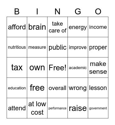 Unit 05 Free School Lunches Bingo Card