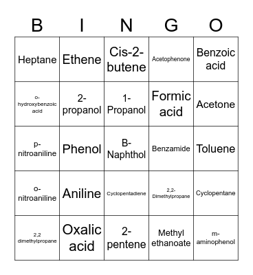 Organic Chemistry Bingo Card