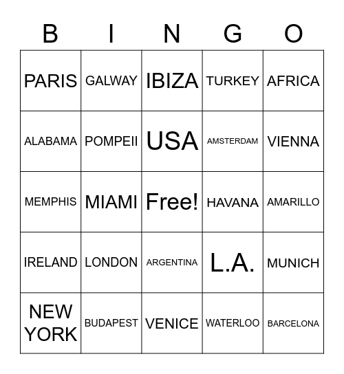 Musical Cities/Countries/Places Bingo Card