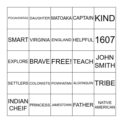 POCAHONTAS Bingo Card
