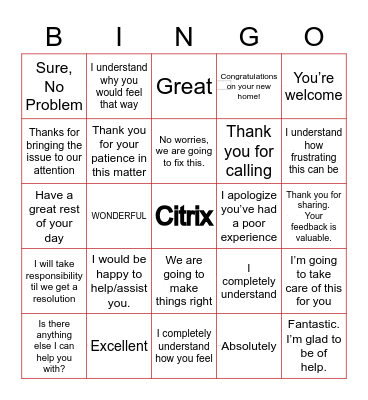 Customer Service Bingo Card