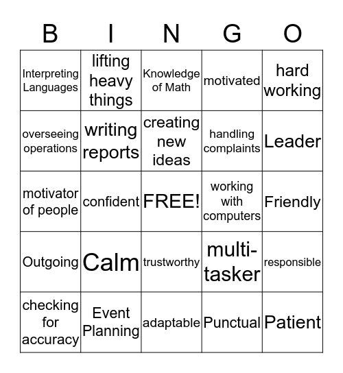 Job Readiness Bingo Card