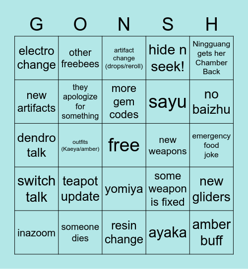 gonsh Bingo Card