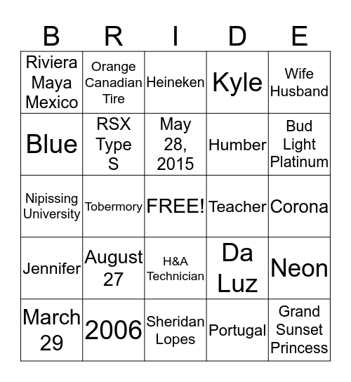 BRIDAL SHOWER Bingo Card