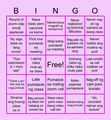 Online Class Bingo Card