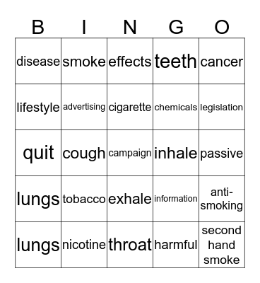 Say No To Tobacco Bingo Card