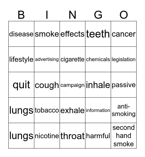 Say No To Tobacco Bingo Card