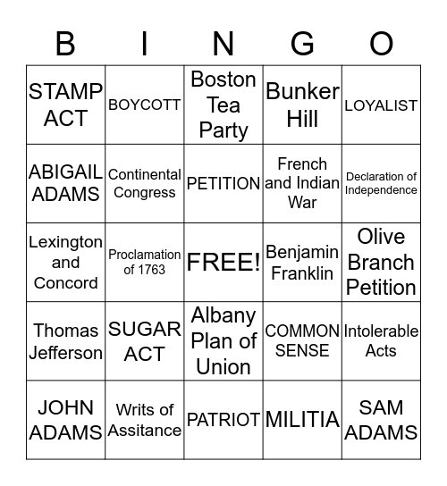 Chapter 5 Bingo Card