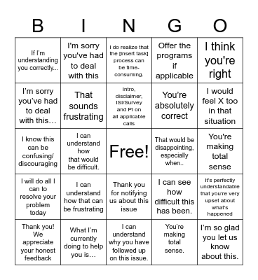 Empathy and Required Information Bingo Card
