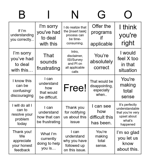 Empathy and Required Information Bingo Card