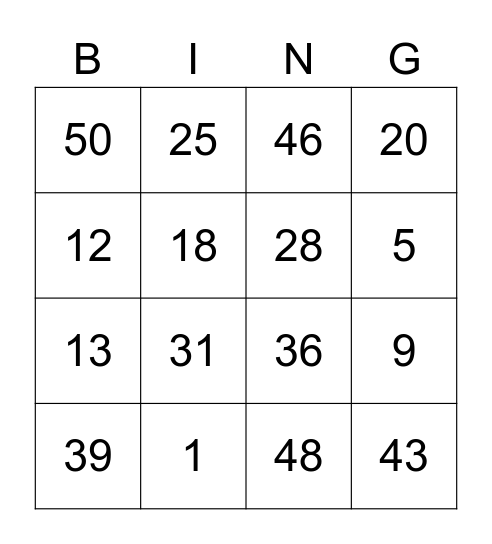 Number bingo Card