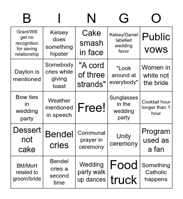 Bendel Wedding Bingo Card