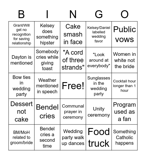 Bendel Wedding Bingo Card