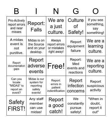 MIDAS AND SAFETY REPORTING Bingo Card
