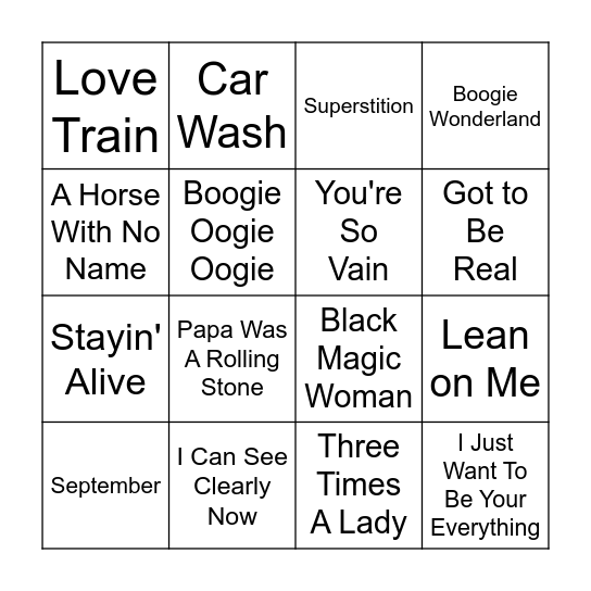 70's Music Bingo Card