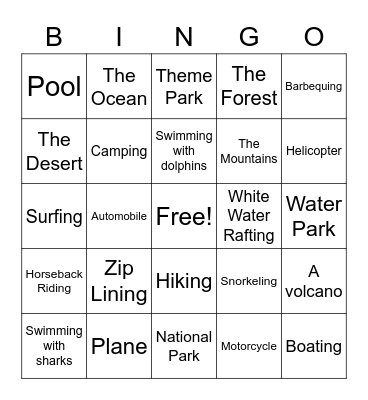 Summer Vacation Bingo Card