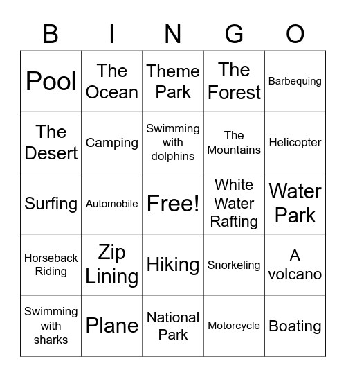 Summer Vacation Bingo Card
