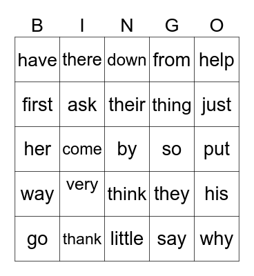 SIGHT WORDS #2 Bingo Card