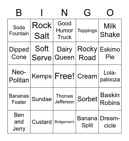 ICE CREAM BINGO Card