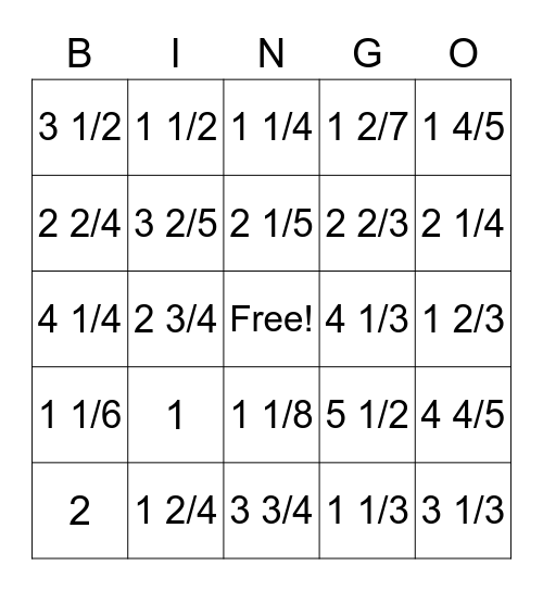 Mixed Number Bingo Card