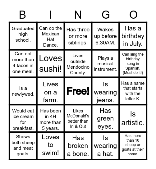 LAMB CAMP BINGO! Find someone who..... Bingo Card