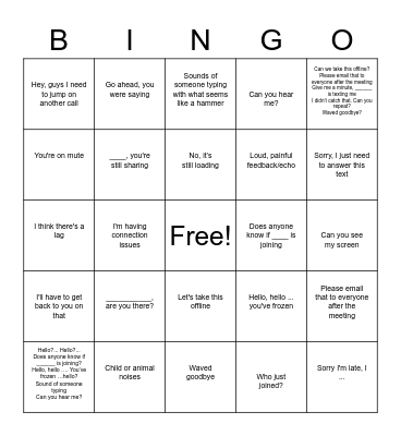 Virtual Meeting Bingo Card