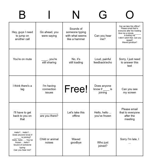 Virtual Meeting Bingo Card