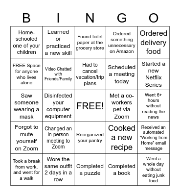 COVID-19 Work from Home Bingo Card